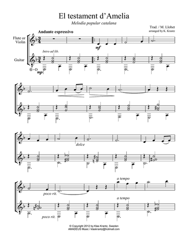 El Testament d'Amelia for flute or violin and guitar