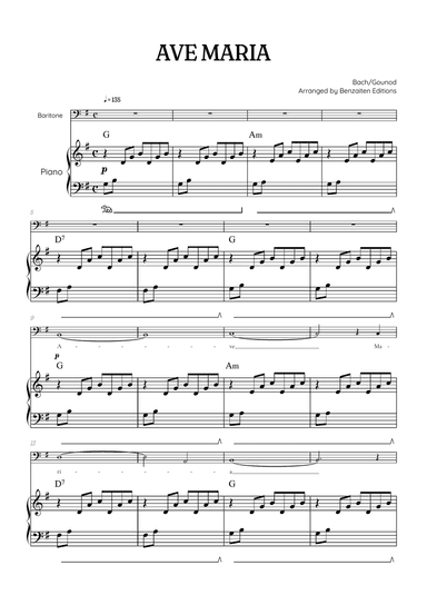 Bach / Gounod Ave Maria in G major • baritone sheet music with piano accompaniment and chords