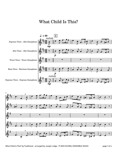 What Child Is This for Saxophone Quartet in Schools