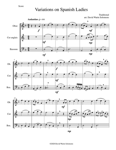 Variations on Spanish Ladies for double reed trio (oboe, cor anglais, bassoon)