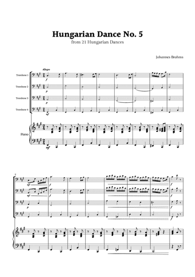 Hungarian Dance No. 5 by Brahms for Trombone Quartet and Piano