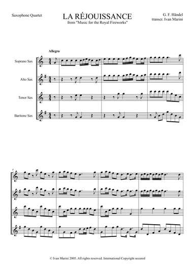 LA REJOUISSANCE - from Music for the Royal Fireworks by G. F. Handel - for Saxophone quartet