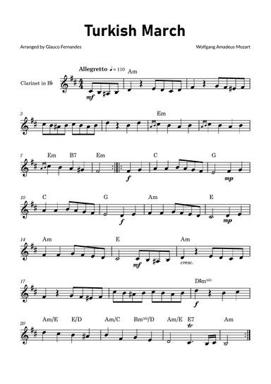 Turkish March by Mozart - Clarinet Solo with Chord Notations