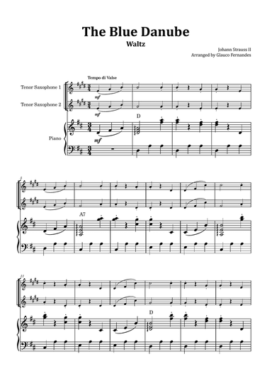 The Blue Danube - Tenor Saxophone Duet with Piano and Chord Notations