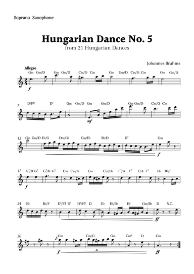 Hungarian Dance No. 5 by Brahms for Soprano Sax with Chords