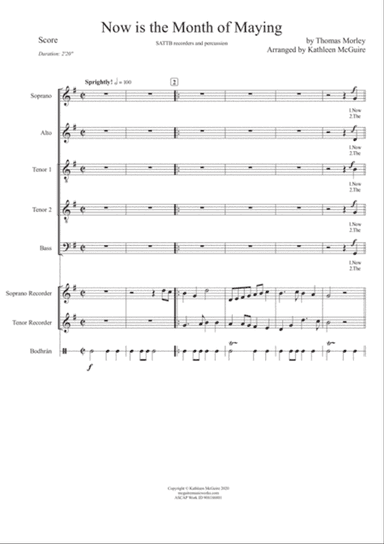 NOW IS THE MONTH OF MAYING by Thomas Morley arr Kathleen McGuire (SATTB, recorders, percussion)