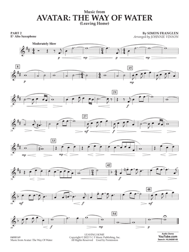 Music from Avatar: The Way Of Water (Leaving Home) (arr. Vinson) - Part 2 - Alto Sax