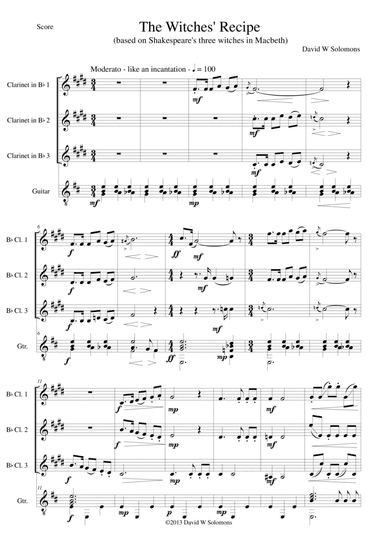 The Recipe (Double, double toil and trouble from Shakespeare's three witches) 3 clarinets and guitar