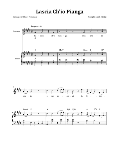 Lascia Ch'io Pianga by Händel - Soprano & Piano in E Major with Chord Notation