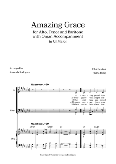 Amazing Grace in C# Major - Alto, Tenor and Baritone with Organ Accompaniment and Chords