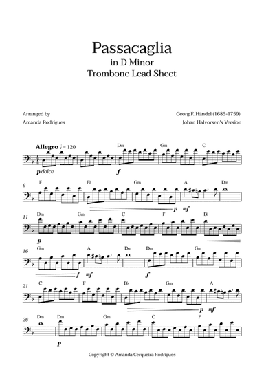 Passacaglia - Easy Trombone Lead Sheet in Dm Minor (Johan Halvorsen's Version)