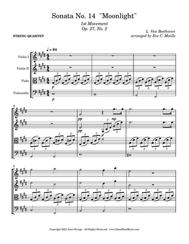 Moonlight Sonata 1st mvmt (Sonata No. 14 opus 27 no. 2) - Beethoven - String Quartet