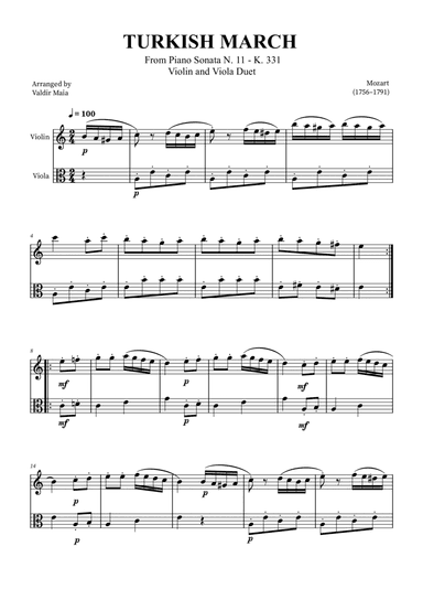 Turkish March - Violin and Viola Duet