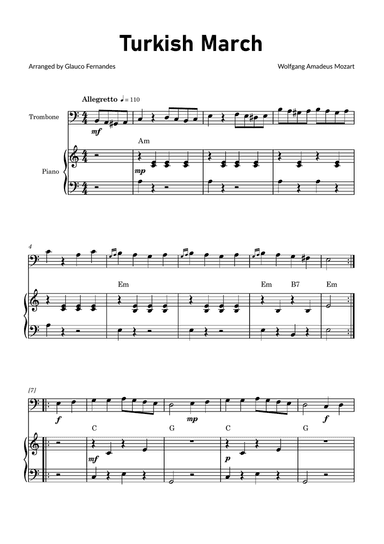 Turkish March by Mozart - Trombone and Piano with Chord Notations