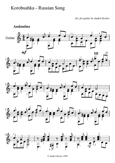 Korobushka Russian folk song, known as Tetris song, arranged for classical guitar by Andrei Krylov
