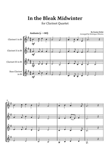 In the Bleak Midwinter (Clarinet Quartet) - Beginner Level