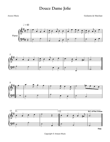 Douce Dame Jolie - Easy Piano Arrangement
