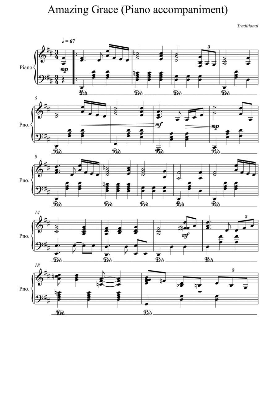 Amazing Grace Piano accompaniment - D Major