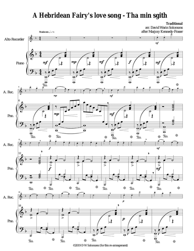 Hebridean fairy's love song (Tha Mi sgith) arranged for alto recorder and piano