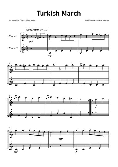 Turkish March by Mozart - Violin Duet with Chord Notations