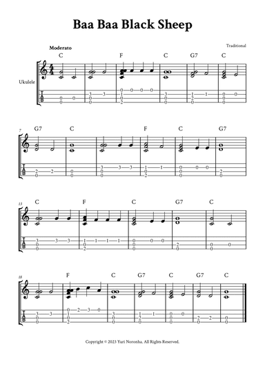 Baa Baa Black Sheep - Fingerstyle Ukulele (with TAB and Chords)