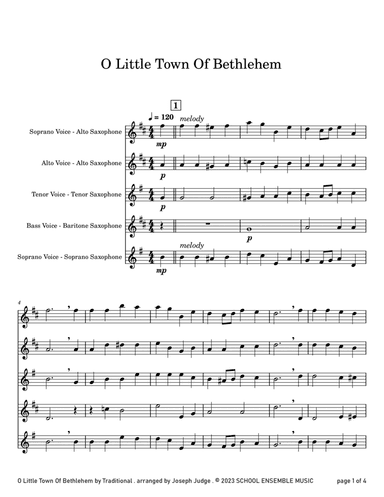 O Little Town Of Bethlehem for Saxophone Quartet in School