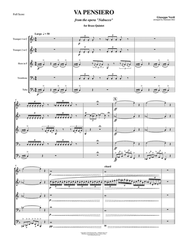 Va Pensiero from the opera Nabucco for Brass Quintet