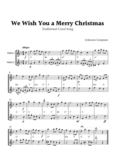 We Wish you a Merry Christmas for Violin Duet with Chords