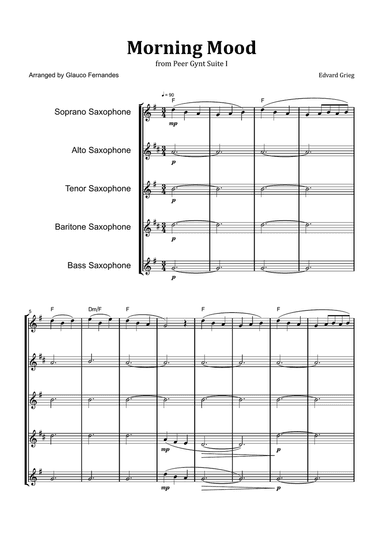 Morning Mood by Grieg - Saxophone Quintet with Chord Notation