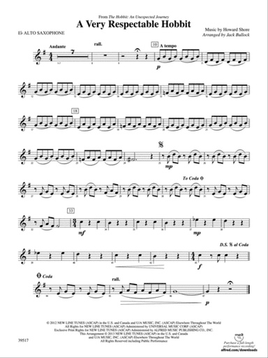 A Very Respectable Hobbit (from The Hobbit: An Unexpected Journey): E-flat Alto Saxophone
