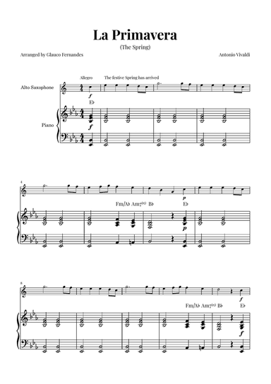 La Primavera (The Spring) by Vivaldi - Alto Saxophone and Piano with Chord Notations