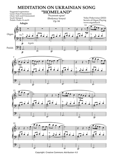 Meditation on Ukrainian Song "Homeland", Op. 84 (Organ Solo) by Vidas Pinkevicius (2022)