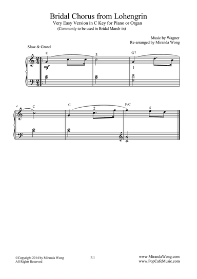 Bridal Chorus - Very Easy Piano Version in C Key (Bridal March)