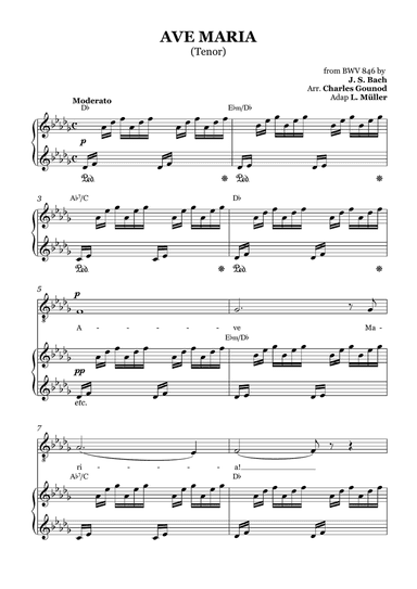 AVE MARIA - Bach/Gounod. For Soloist Tenor in D-flat Major with Piano Accompaniment