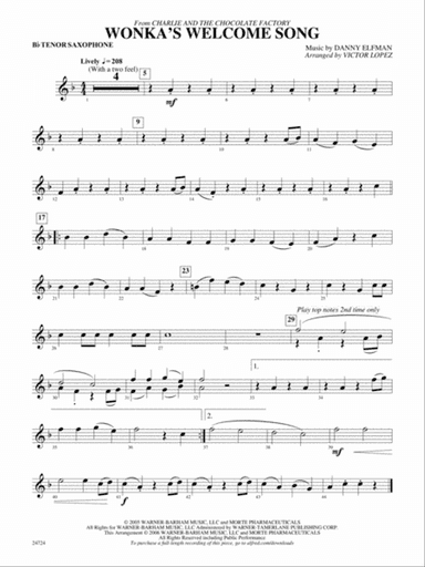 Wonka's Welcome Song (from Charlie and the Chocolate Factory): B-flat Tenor Saxophone