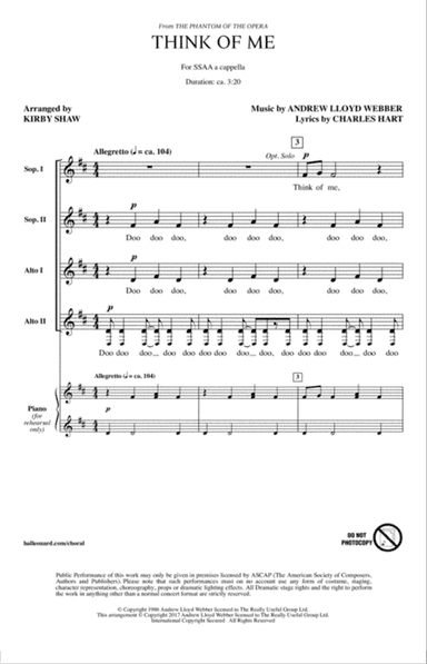 Think Of Me (from The Phantom Of The Opera) (arr. Kirby Shaw)