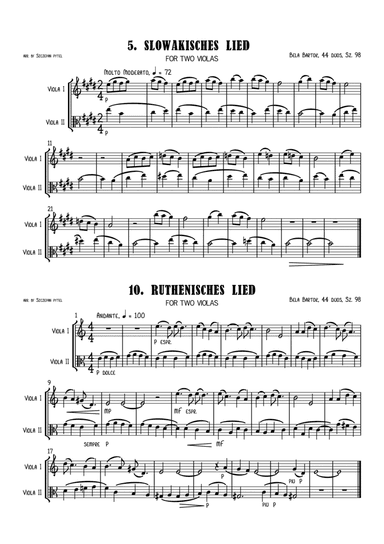 Bela Bartok 44 Duos for Two Violin, Sz. 98 arranged for 2 Violas (viola duet) or Violin & Viola by S