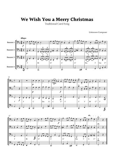 We Wish you a Merry Christmas for Bassoon Quartet with Chords
