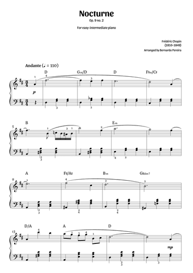 Nocturne Op. 9 no. 2 (easy-intermediate piano – D major)