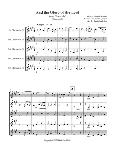 And the Glory of the Lord (from "Messiah") (G) (Clarinet Quintet)