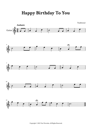 Happy Birthday To You - For Classical Guitar (C Major)