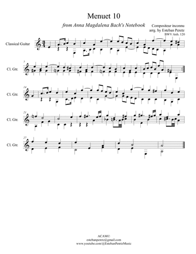 Menuet 10 from Anna Magdalena Bach's Notebook for Classical Guitar