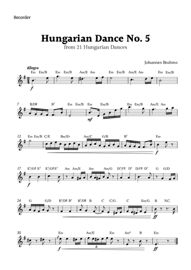Hungarian Dance No. 5 by Brahms for Recorder Solo with Chords