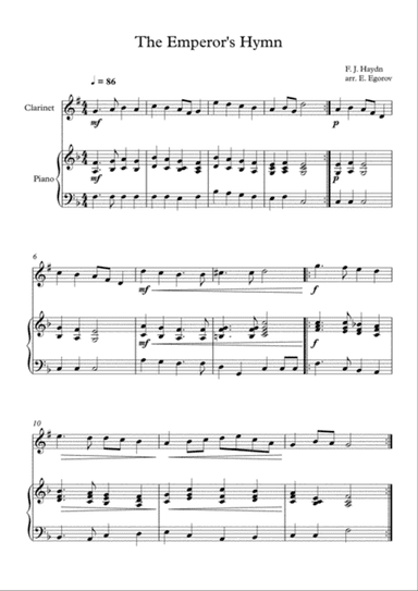 The Emperor's Hymn, Franz Joseph Haydn, For Clarinet & Piano