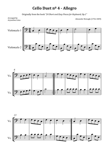 Cello Duet nº 4 – Allegro (Originally from the book "24 Short and Easy Pieces for Keyboard, Op.1")