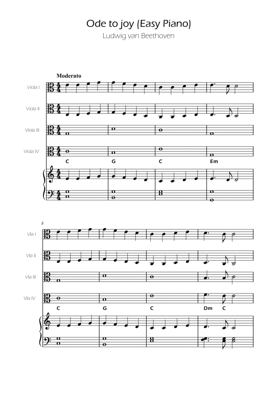 Ode To Joy - Easy Viola Quartet w/ piano accompaniment