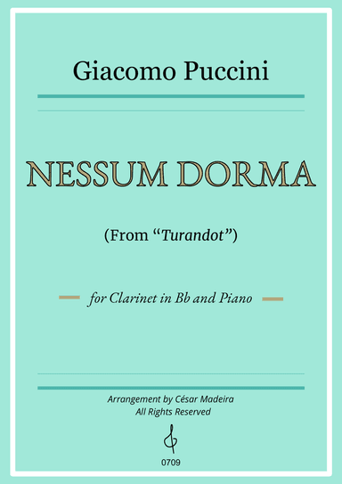 Nessun Dorma by Puccini - Bb Clarinet and Piano (Full Score and Parts)