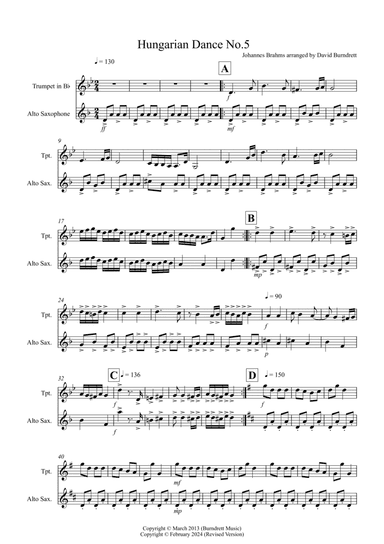 Hungarian Dance No.5 for Trumpet and Alto Saxophone Duet