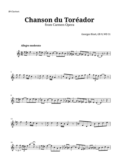 Chanson du Toreador by Bizet for Clarinet