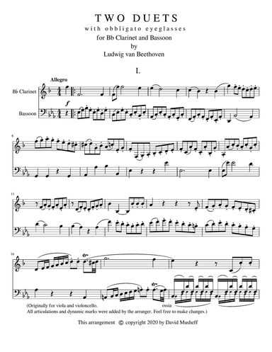 Two Duets with Obbligato Eyeglasses for Bb Clarinet and Bassoon.